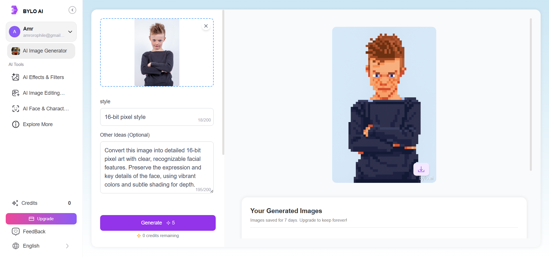 Bylo AI pixel art interface