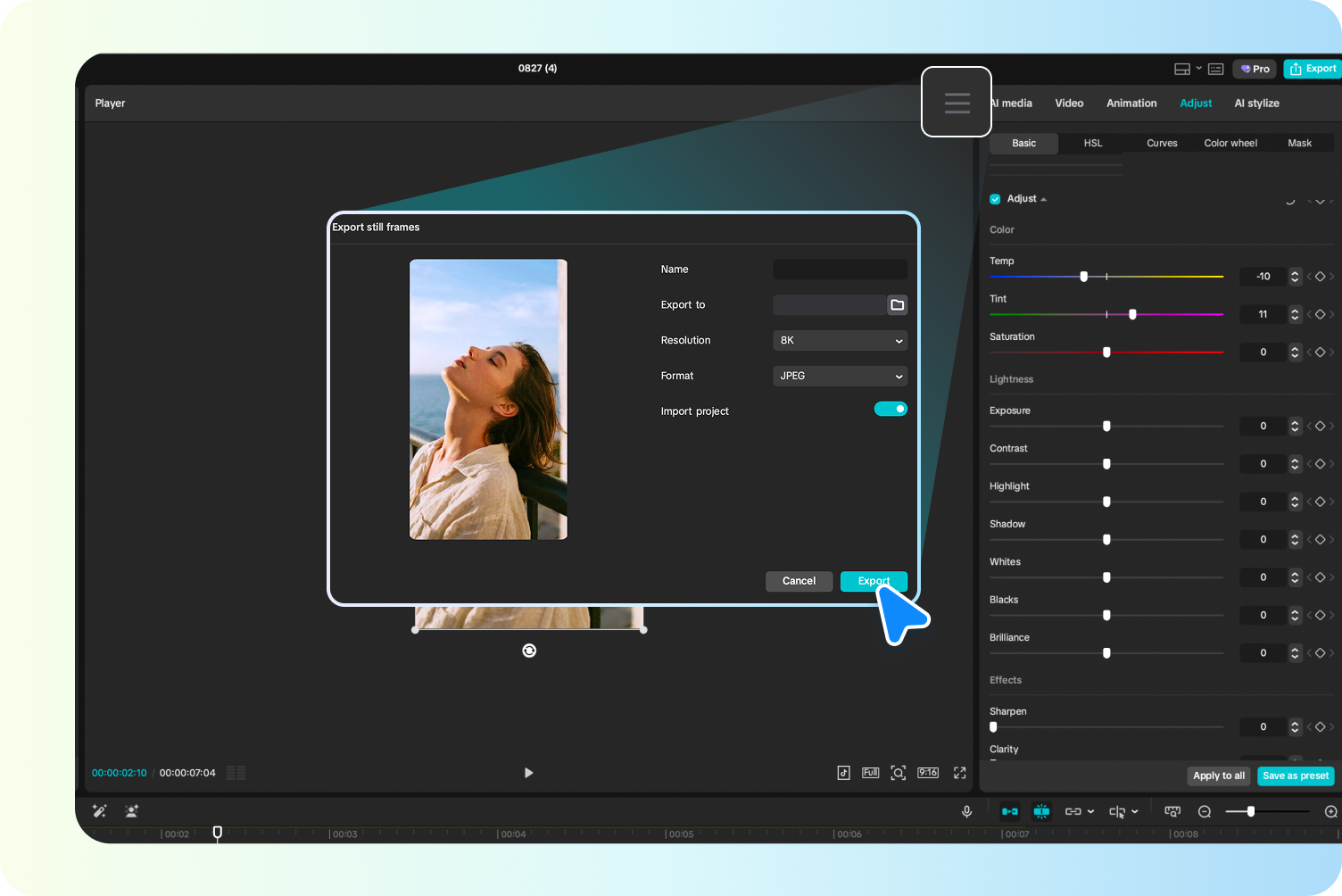 Exportando a imagem final do gerador de imagens Free IA da CapCut