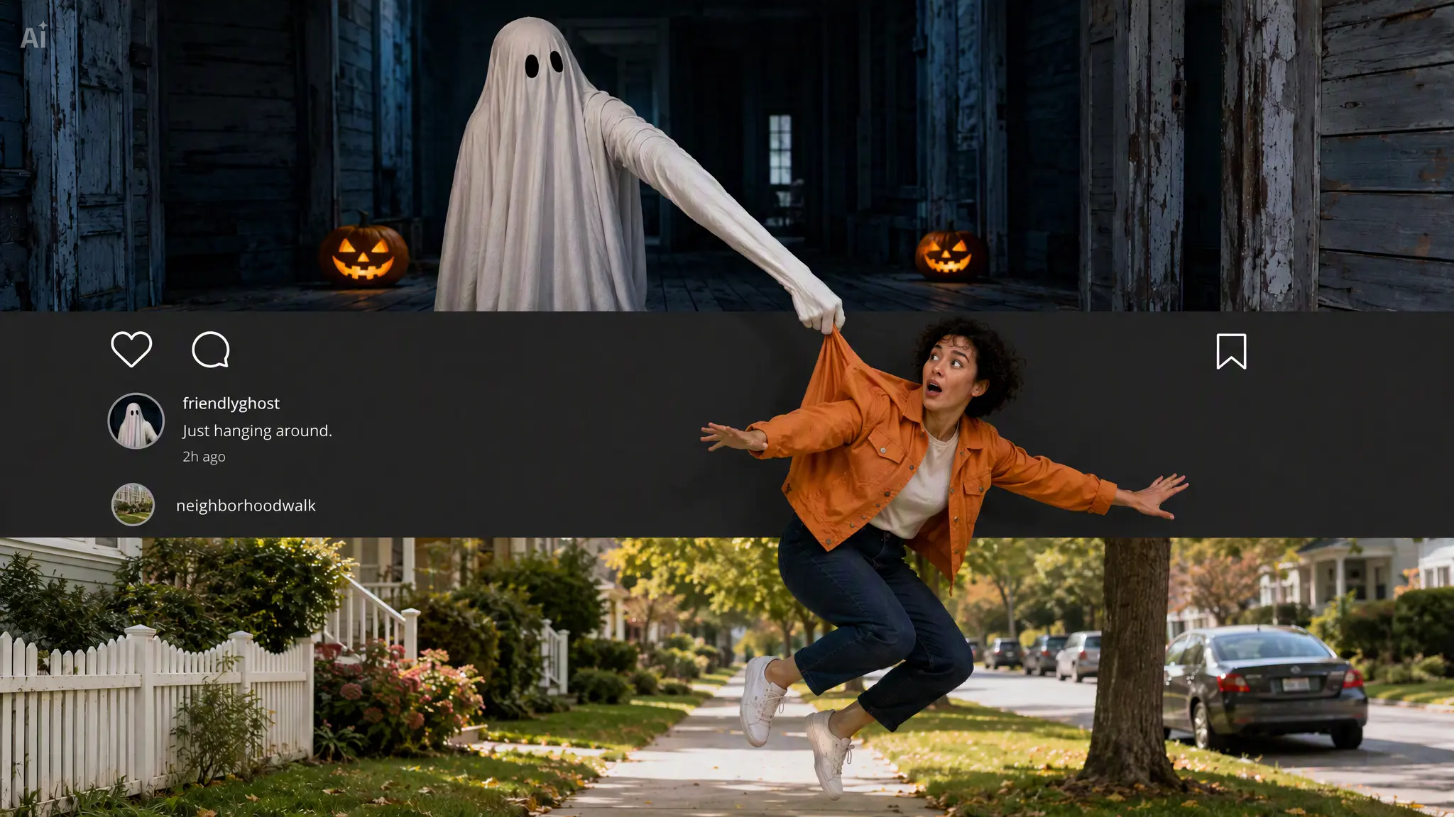 Original AI-generated sheet ghost reaching from a dark hallway above a charcoal feed band to lift a woman in an orange jacket above a separate daylight sidewalk.