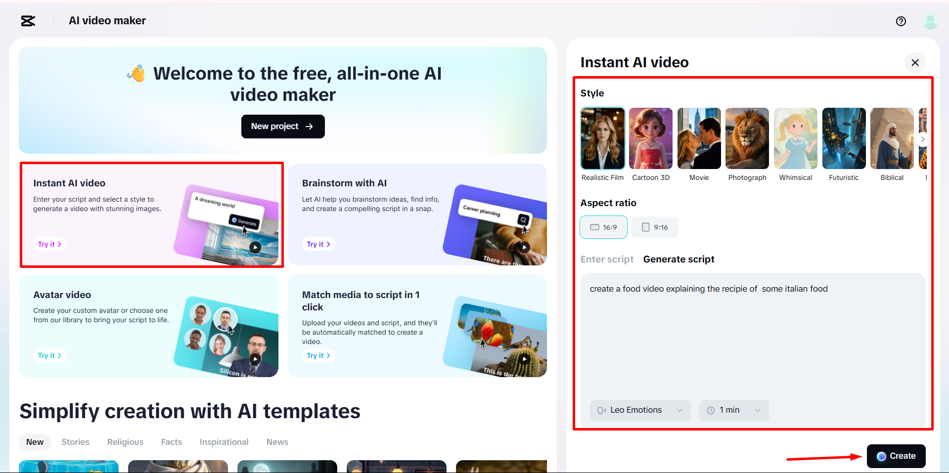 Generating an engaging food video from a script in CapCut's AI video maker