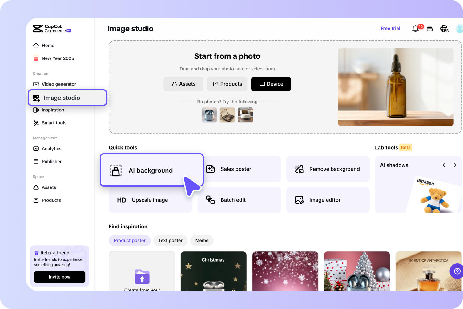description=A workflow diagram in Pippit: an image is uploaded, the 'Upscale' button is clicked, then the 'AI Background' button is clicked, showing a final professional product photo.