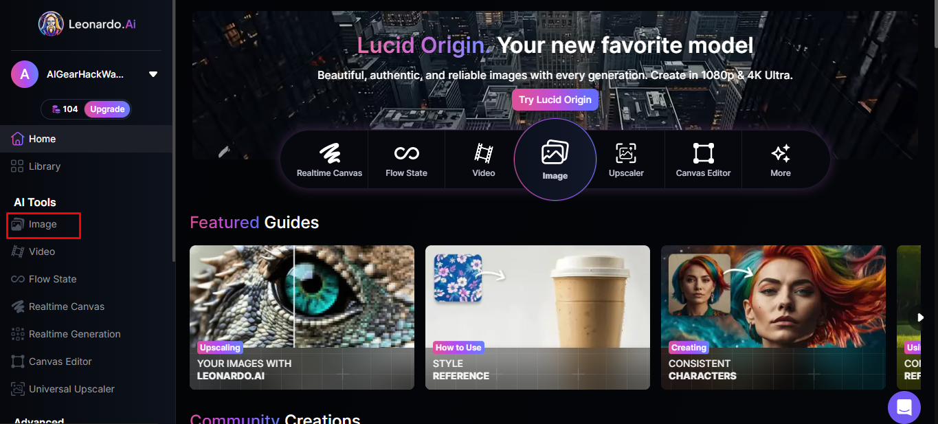 Meet Leonardo AI login interface showing the image generation workspace