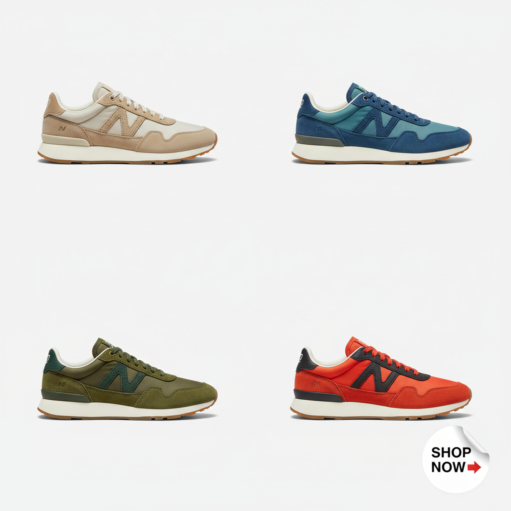 Grid collage of multiple sneaker colorways on clean background with small CTA sticker.