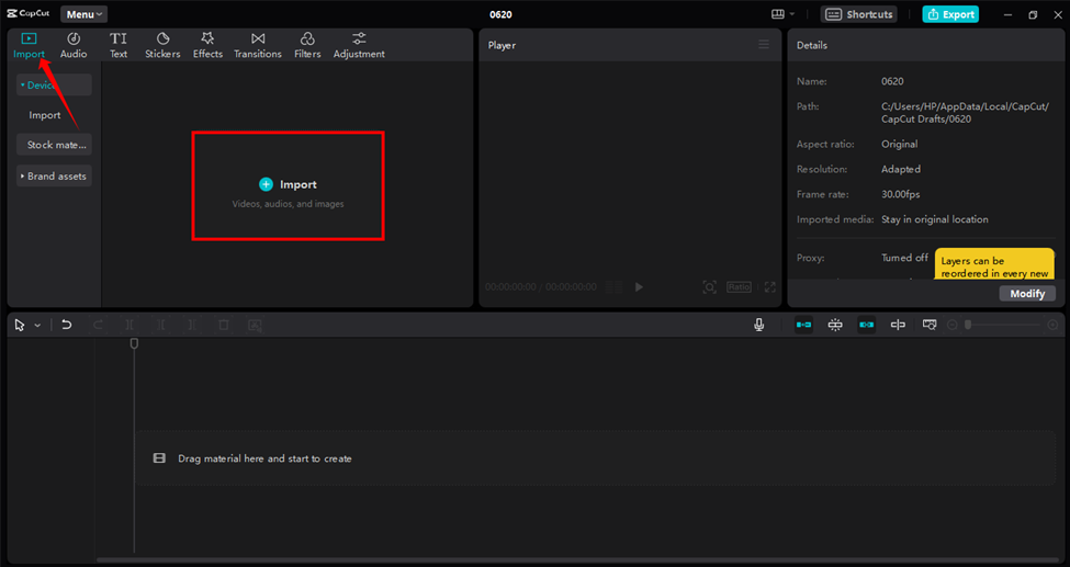 Importing a video into the CapCut desktop video editor for vlog light refinement