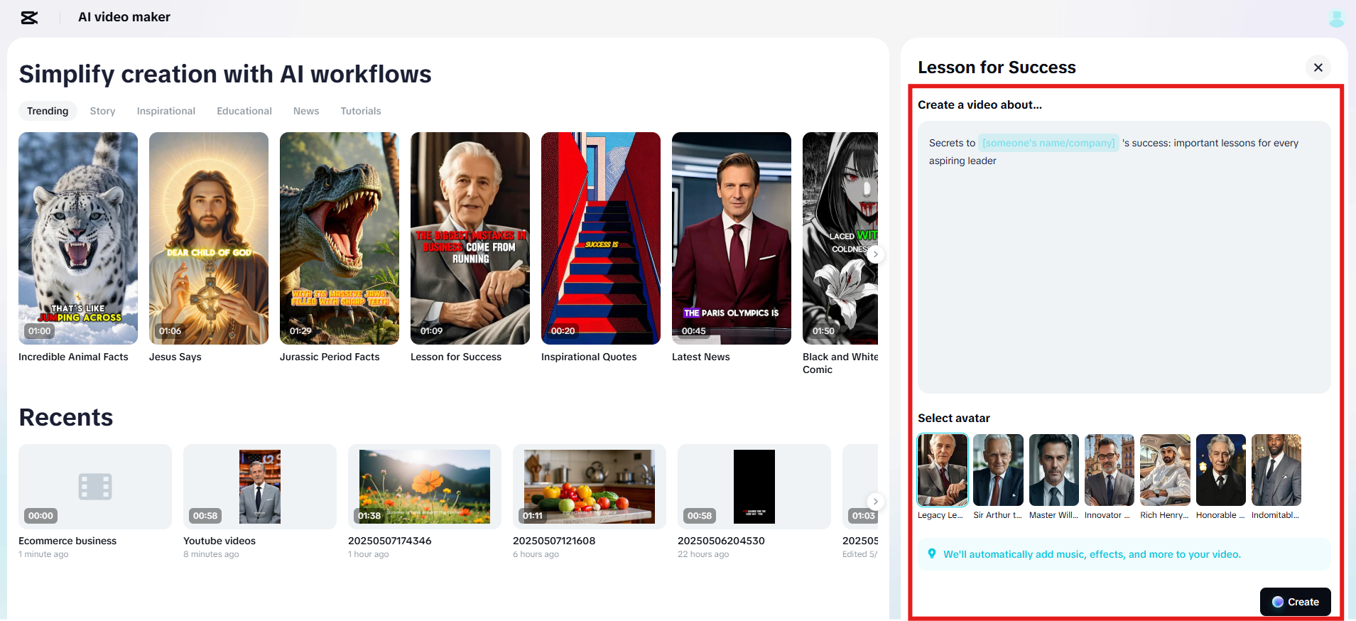 Input idea, choose avatar and generate video