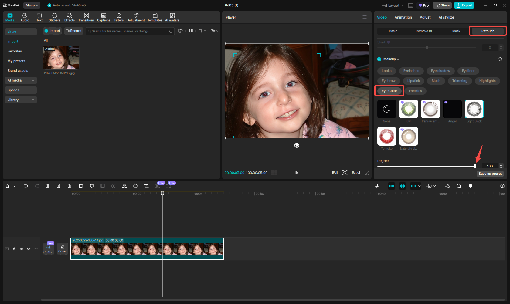 Schimbarea culorii ochilor în CapCut