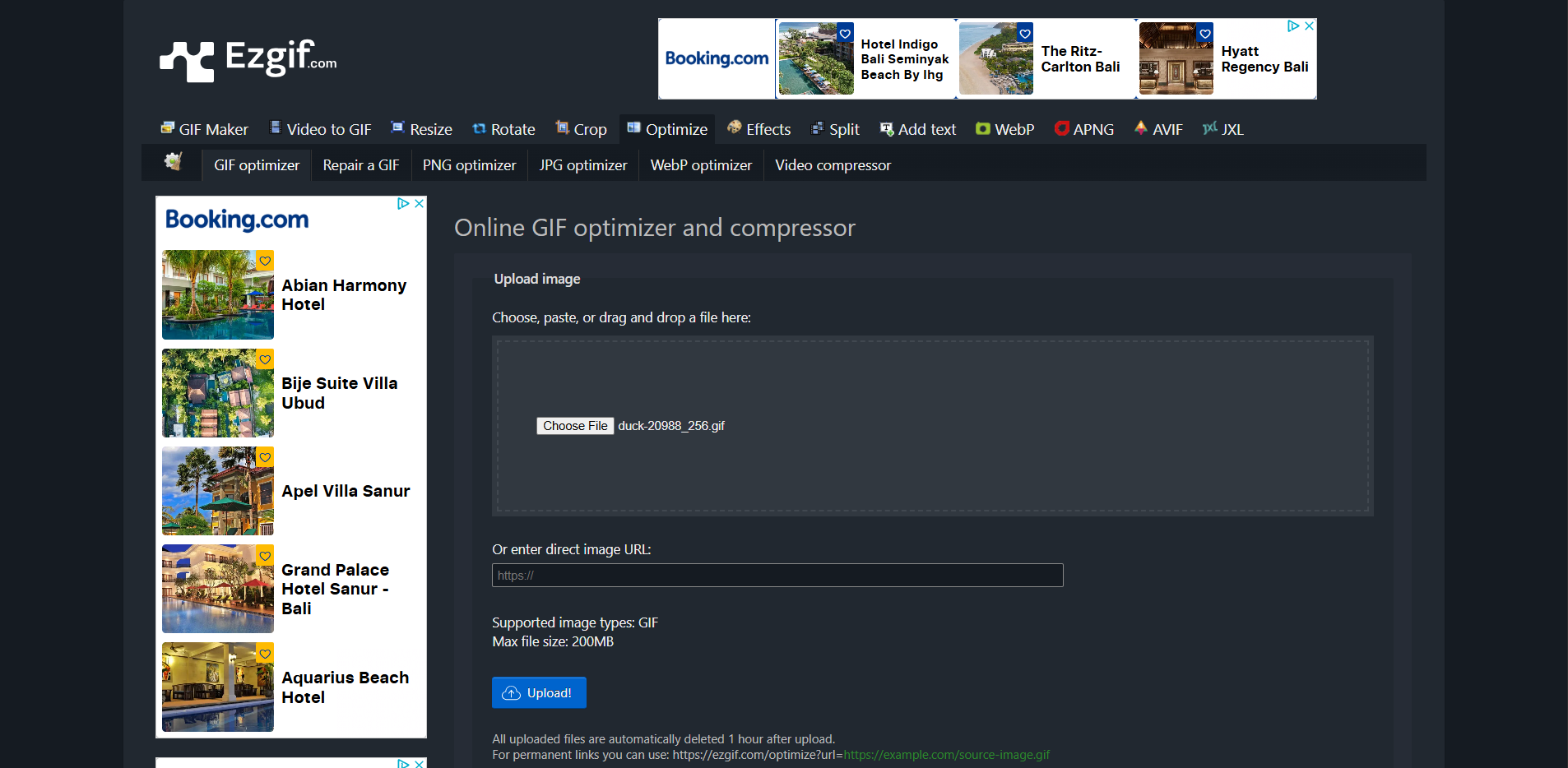 Interface of Ezgif - another tool to compress GIF online