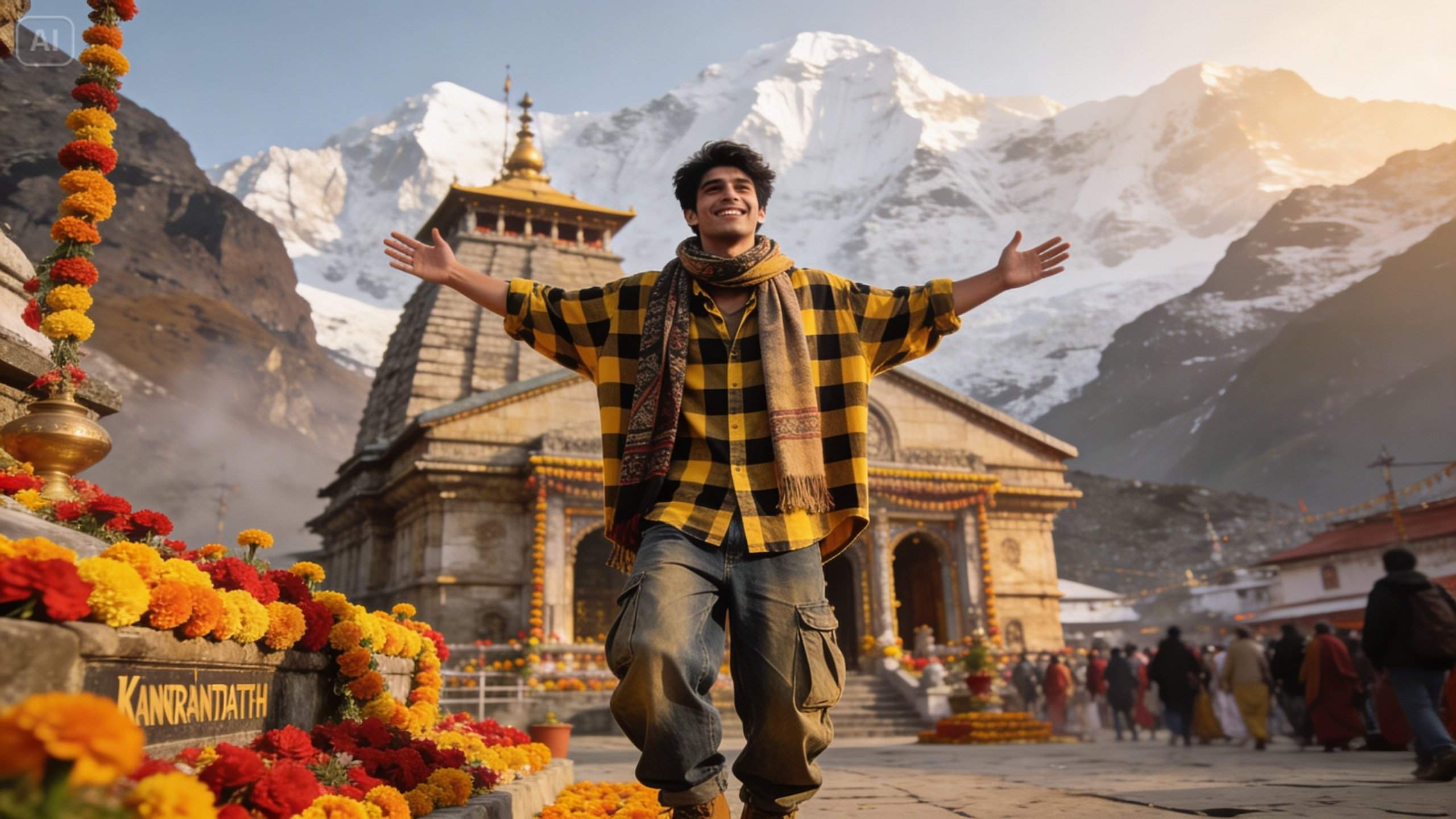 Kedarnath Temple infographic-style mockup: opening date, darshan timings, and IRCTC helicopter steps presented clearly.