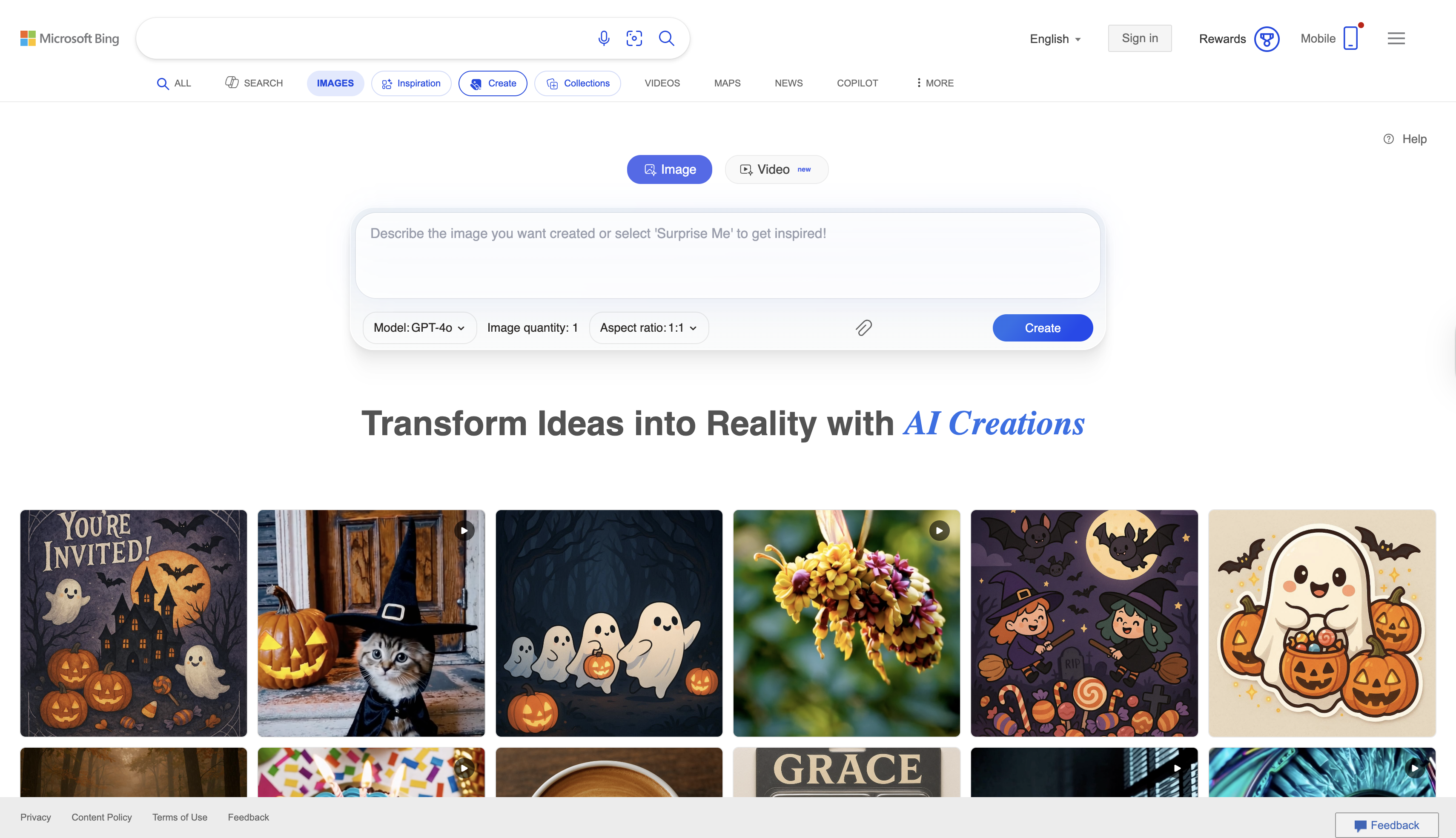 Bing Image Creator interface