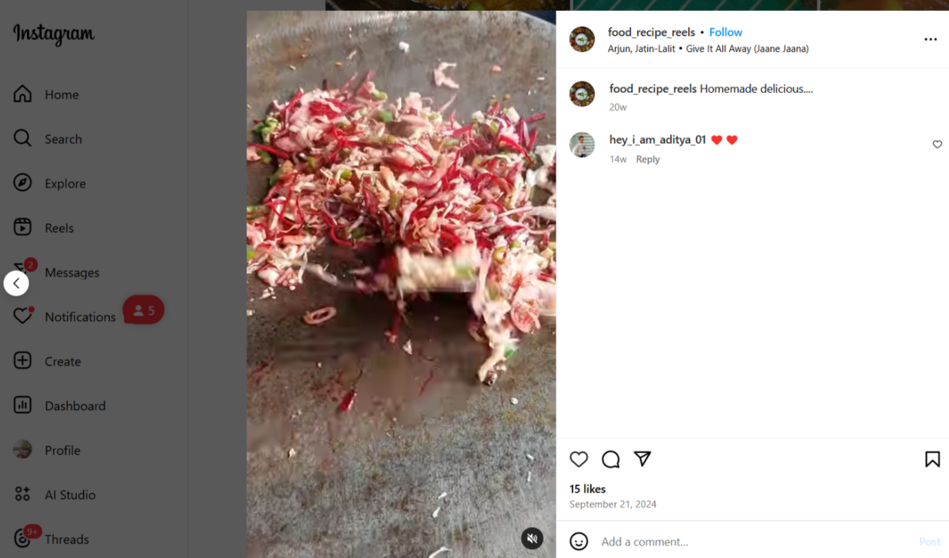 Food and recipe reels video on Instagram
