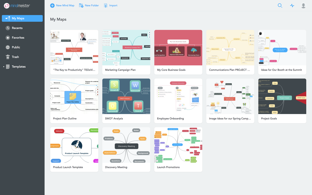 Dashboard of MindMeister showing various maps - AI software for PC