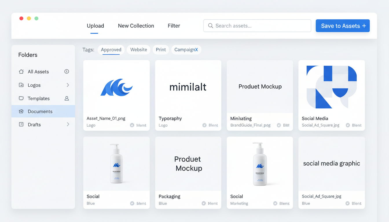 Brand assets library UI mock screenshot showing folders sidebar, Save to Assets button, tagged thumbnails, and a modern light theme interface.