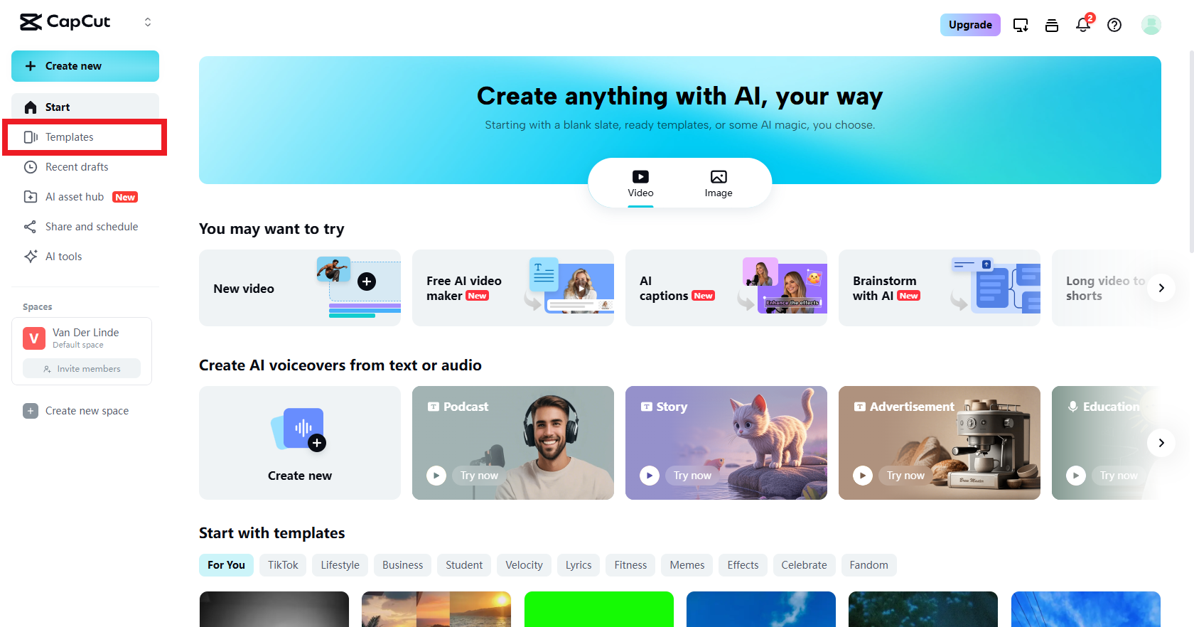 Select templates from the homepage