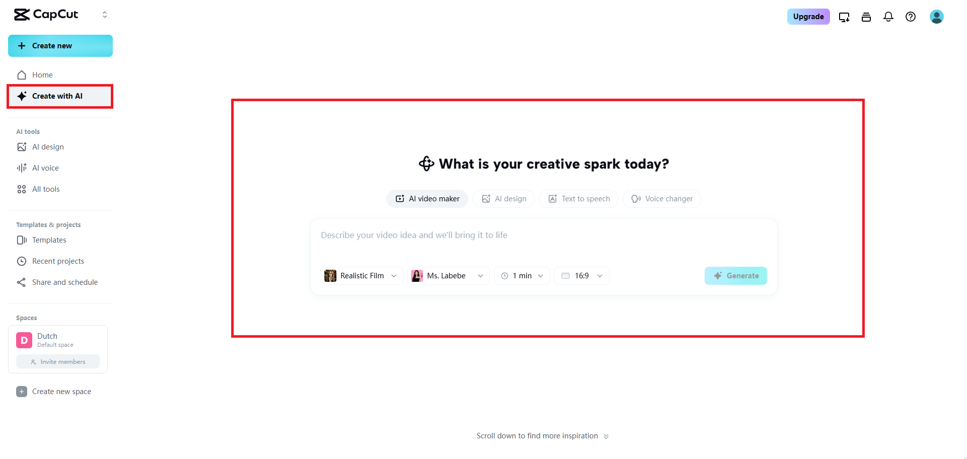 Access the AI video maker feature