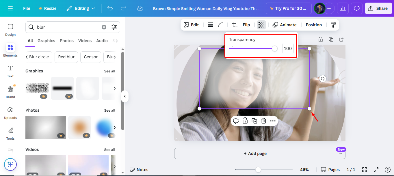 Pas de vervagingsranden van de foto in Canva aan