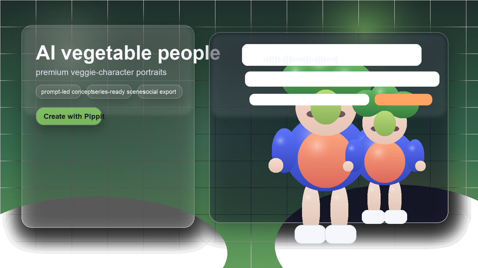 Premium illustrated AI vegetable character trio with studio-quality creative setup
