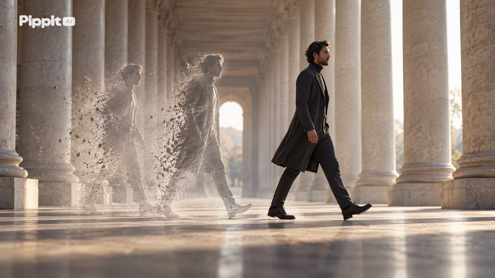 One sharply lit fully clothed adult walks between repeating stone columns while faint duplicate shadows dissolve behind.