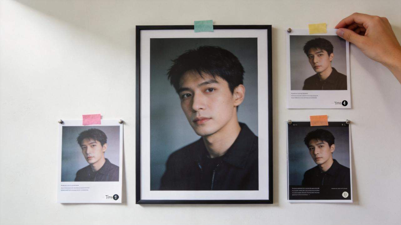 Framed portrait photo surrounded by four smaller pinned prints on a wall