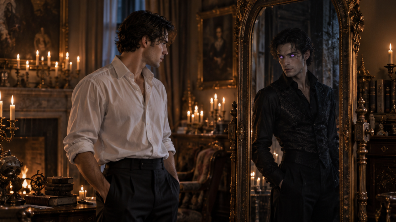 An adult in a white shirt beside an antique standing mirror, reflection is a distinct dark-clothed version with violet eyes, elegant candlelit room