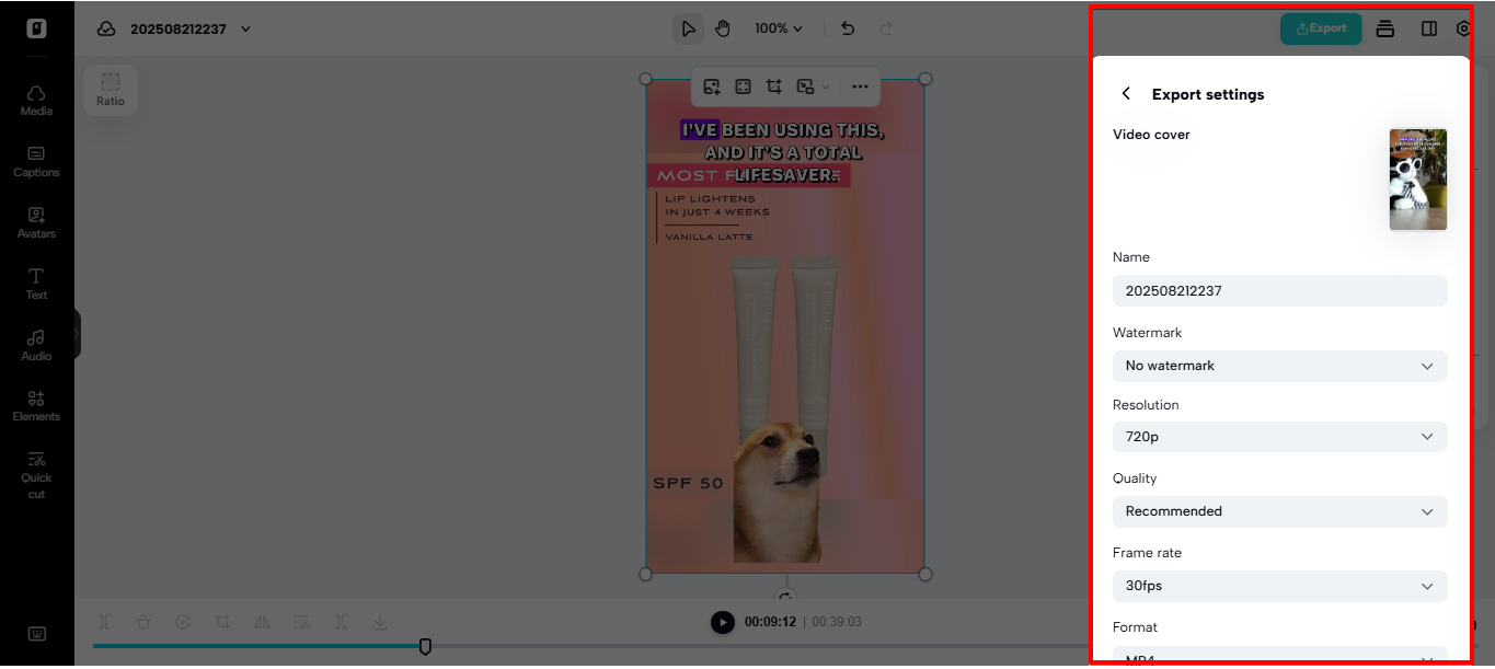 Exportando vídeo do editor não linear Pippit