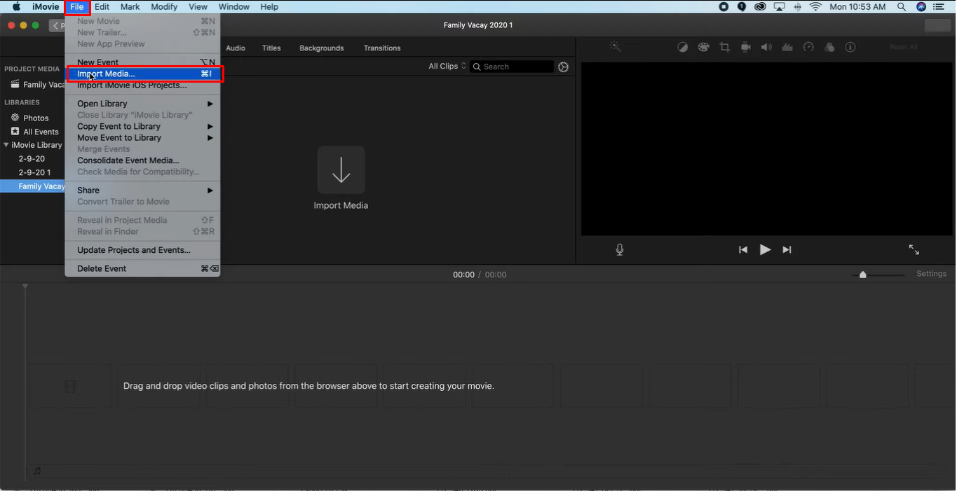 Image showing how to import media in iMovie