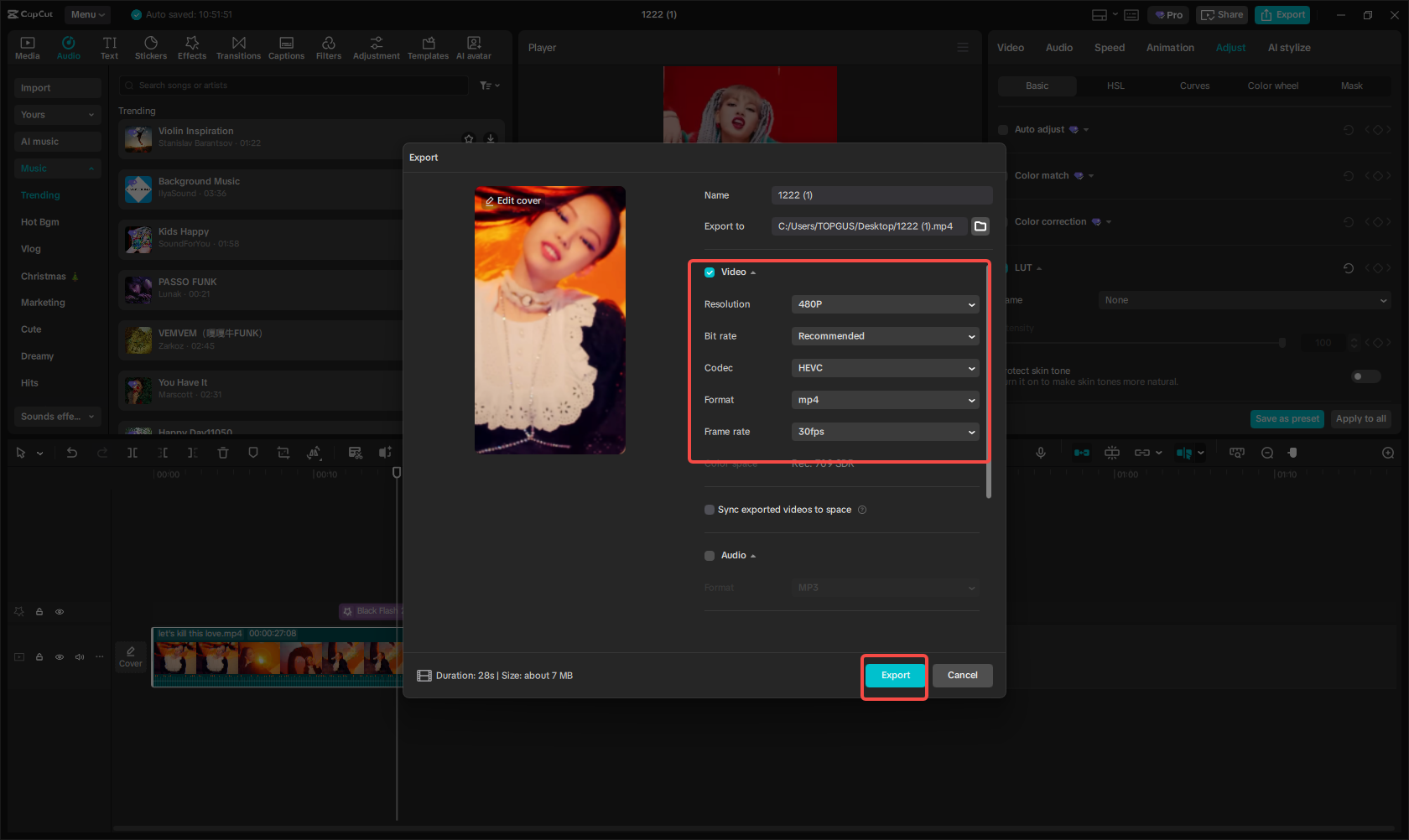 Export video and share on social media