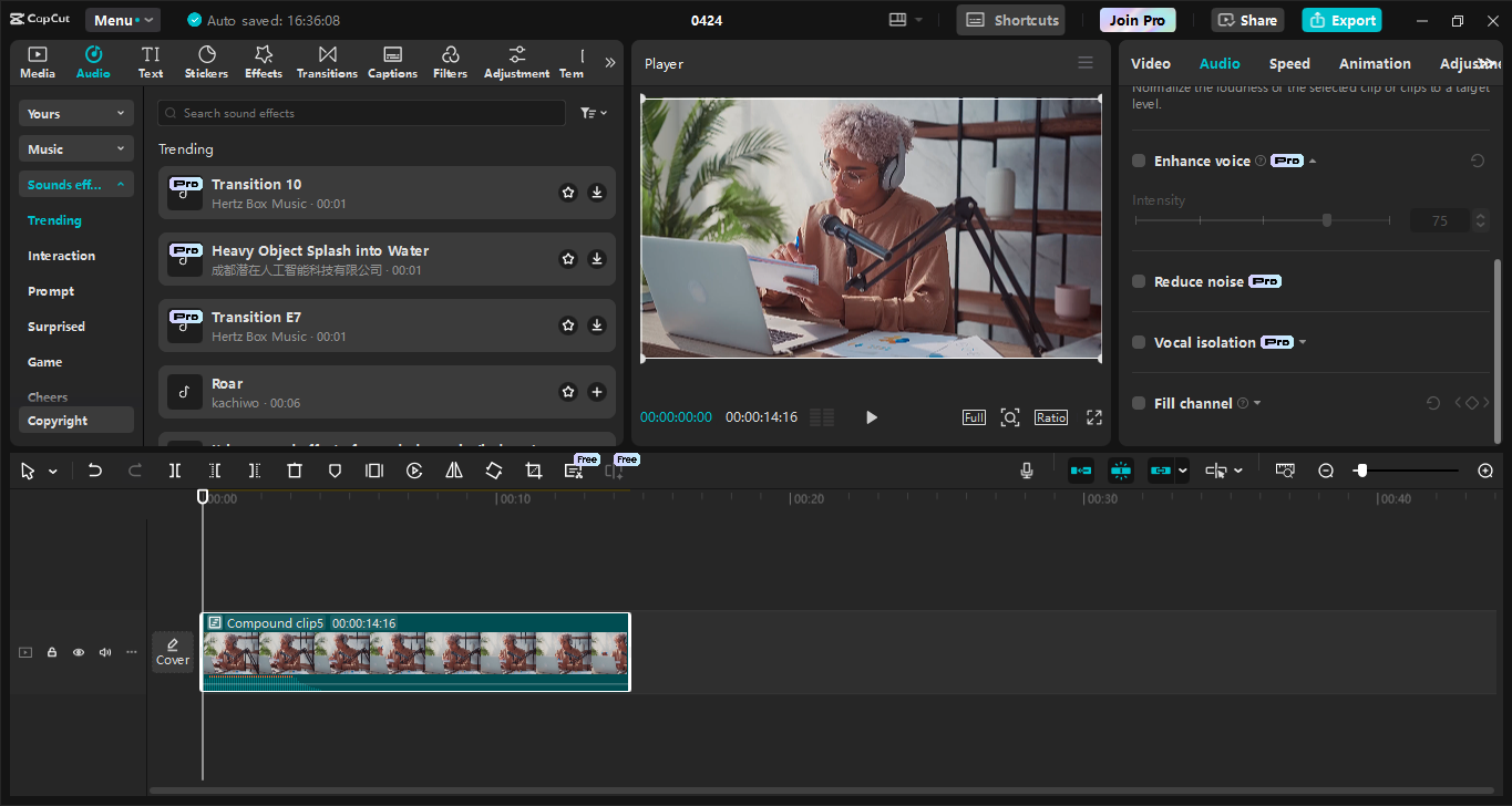 Editing interface of the CapCut desktop video editor - the best tool to add and sync sound perfectly in videos