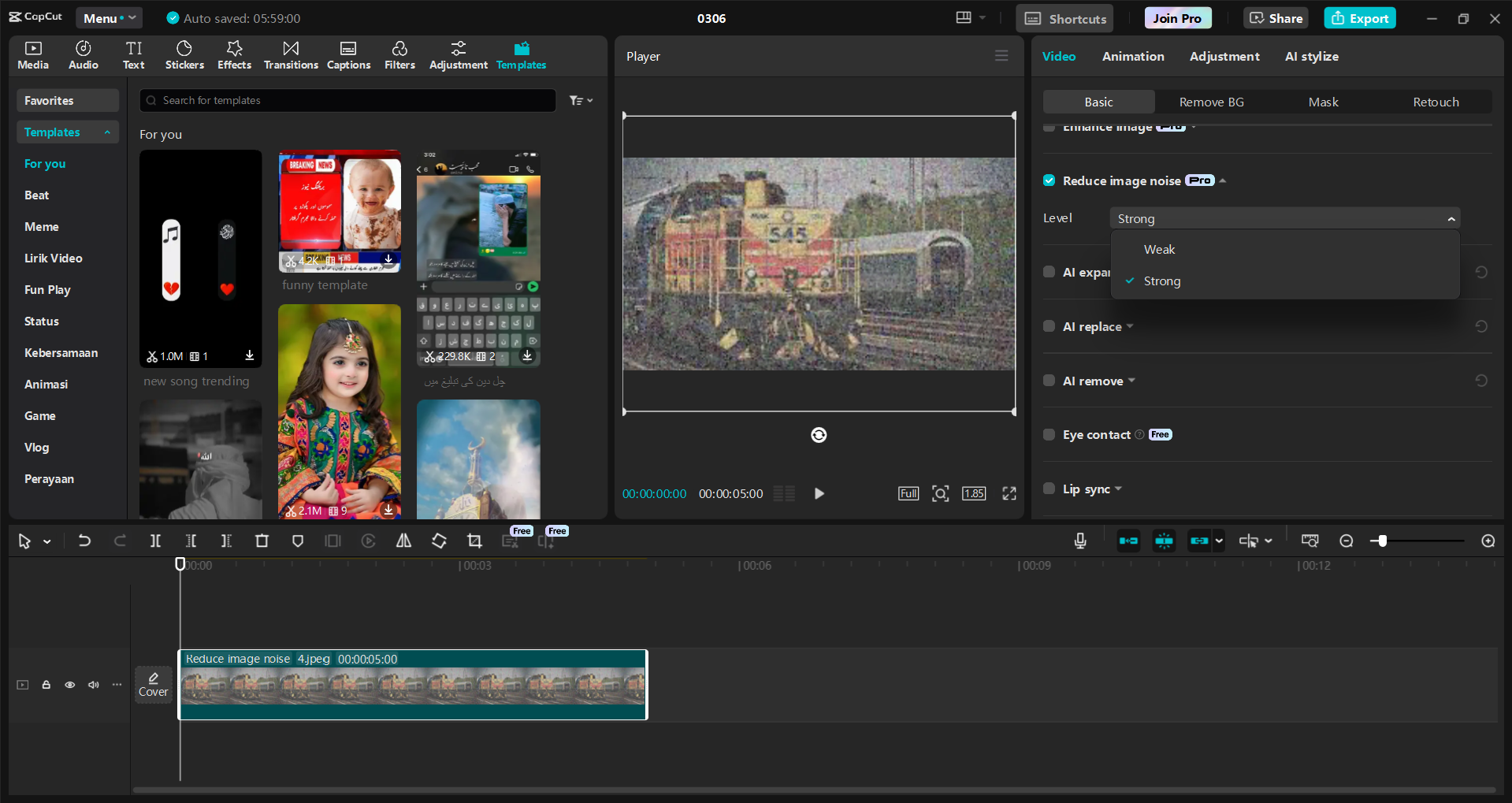 Schnittstelle des CapCut Desktop-Video-Editors - die besten Werkzeuge zum Entfernen von Bildkörnern