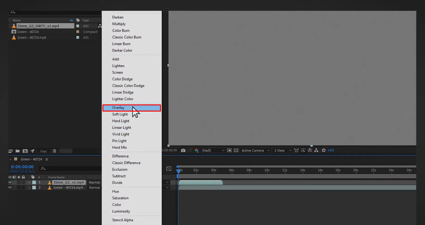 Applying blending mode in After Effects grain overlay