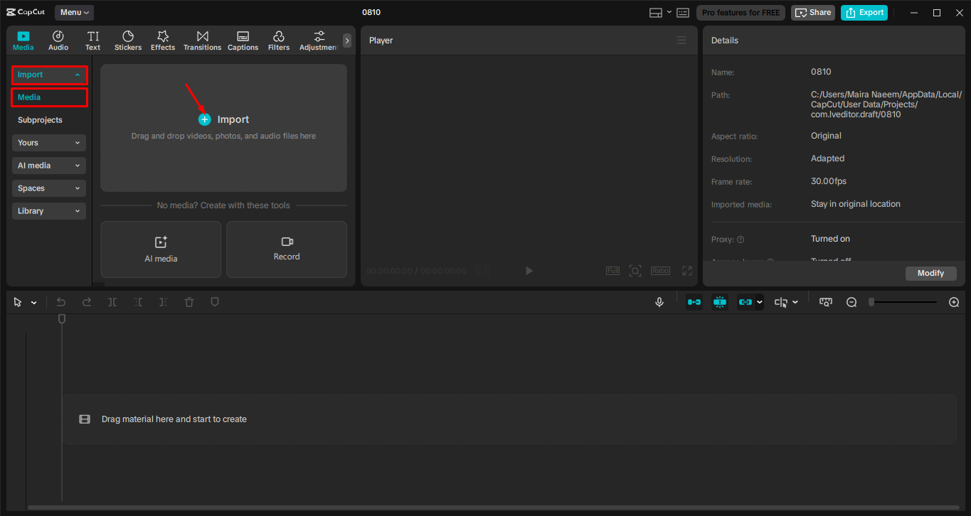 Importieren der Medien in den CapCut Desktop-Video-Editor