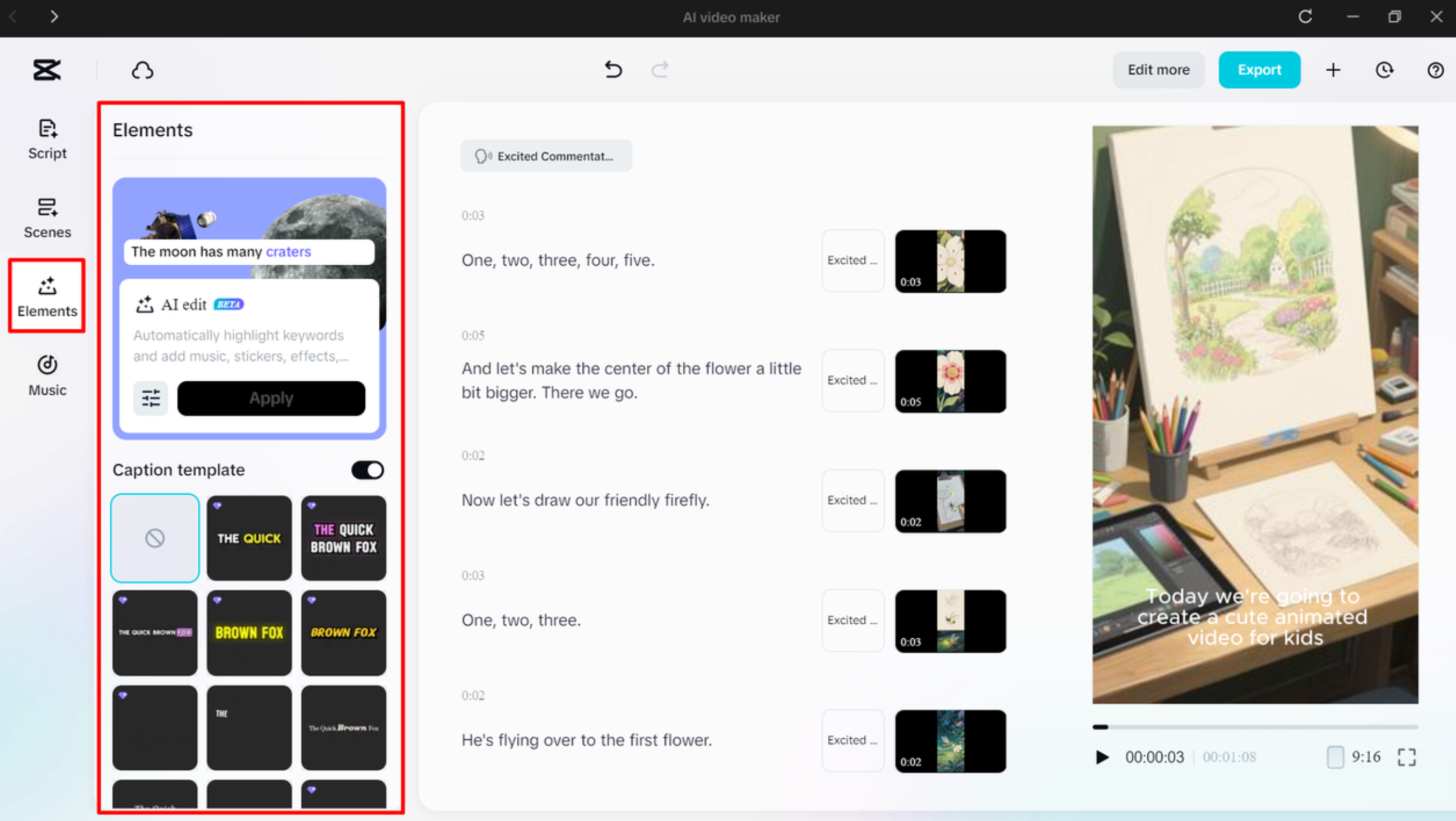 Adicionando modelos de legenda em um vídeo usando o criador de IA vídeo do CapCut