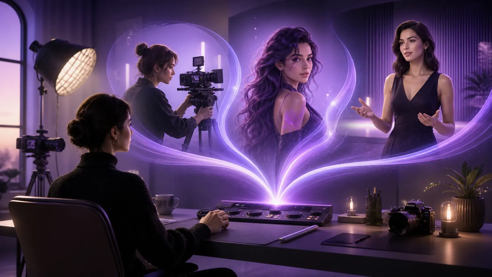 Woman at a desk creates glowing AI character portraits in a purple-lit studio