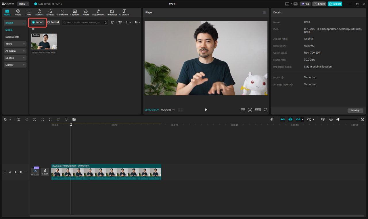 Importing the video in CapCut