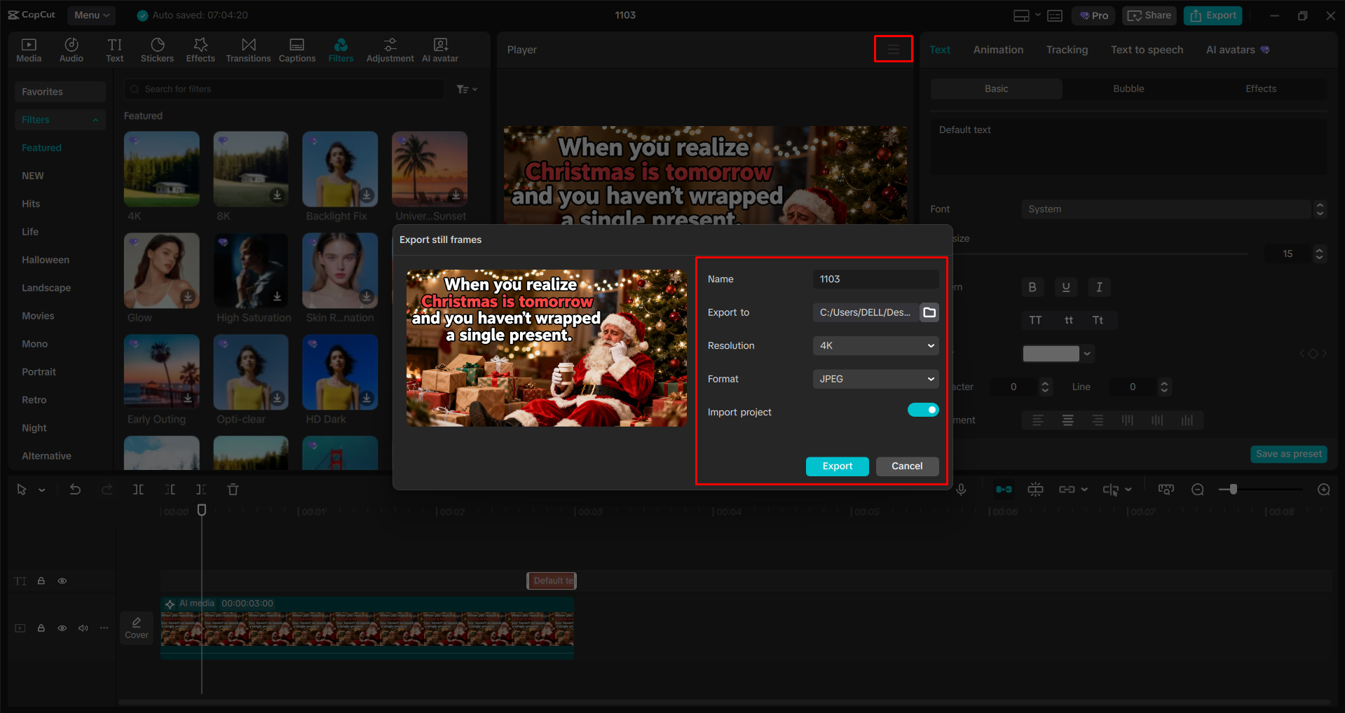 Exporting the image from the CapCut desktop video editor