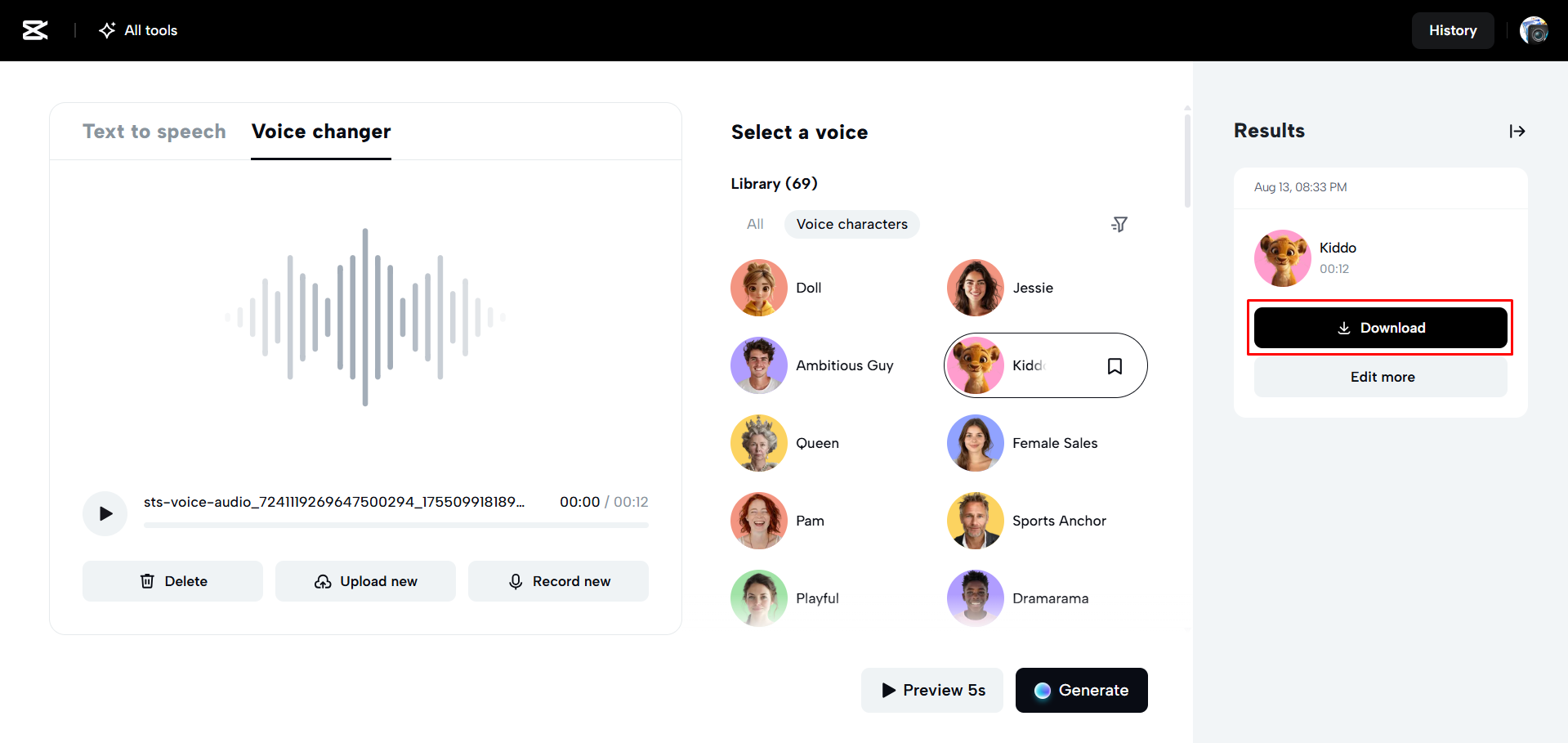 Herunterladen des Audios aus CapCut Web