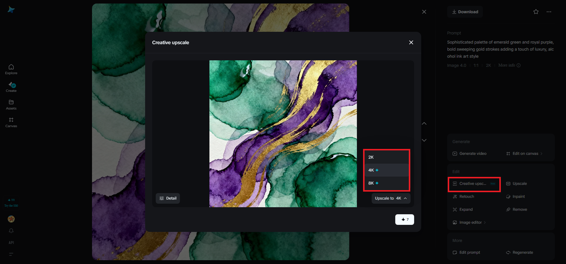 Función creativa de lujo en Dreamina