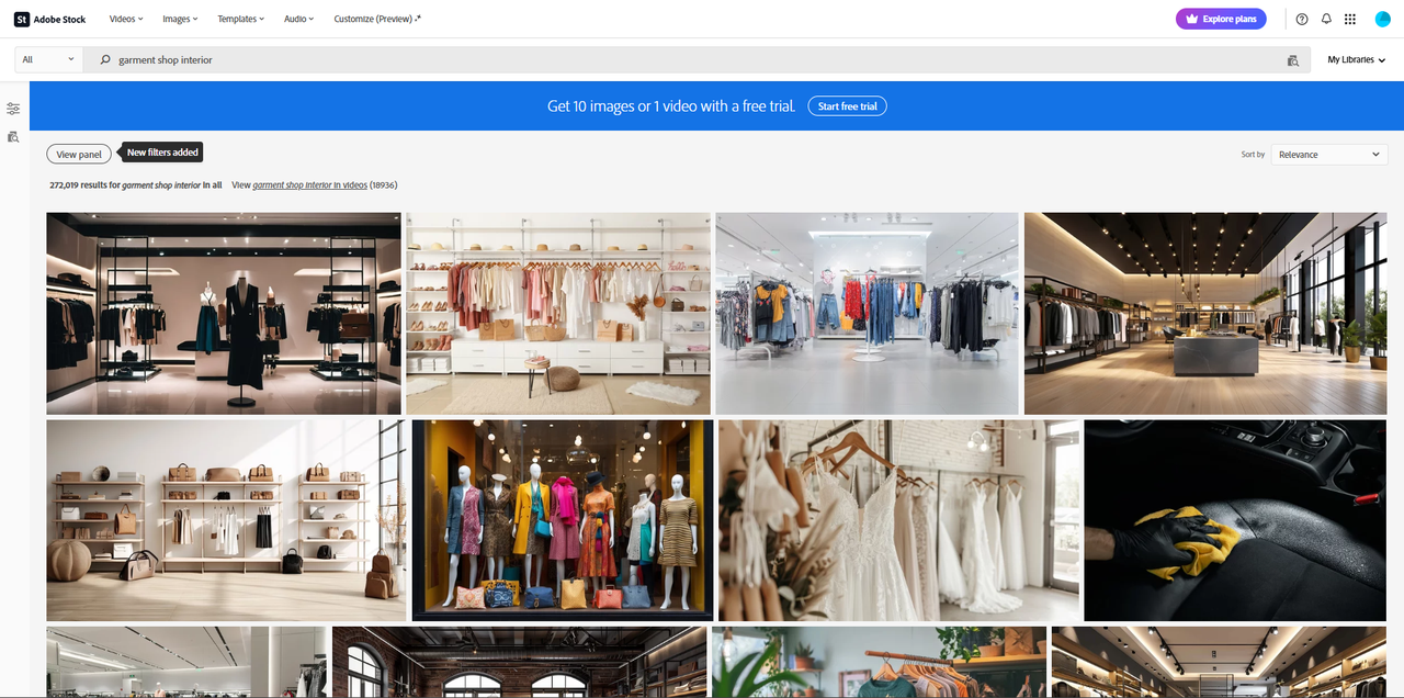 Interface of Adobe Stock - a resource for garment shop interior design 
