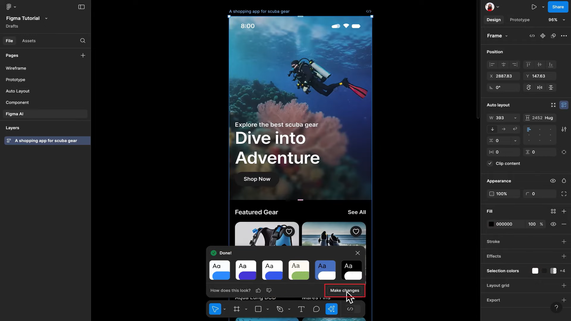 Utilizzo delle diverse funzionalità dello strumento di design AI di Figma