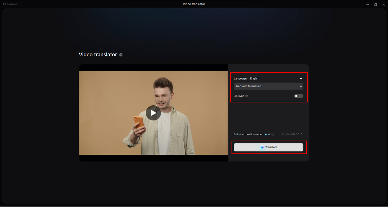 Selecting target language for translation on CapCut video translator