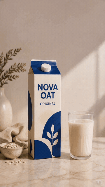 Krabice NOVA OAT Original vedle sklenice ovesného mléka na mramorovém pultu