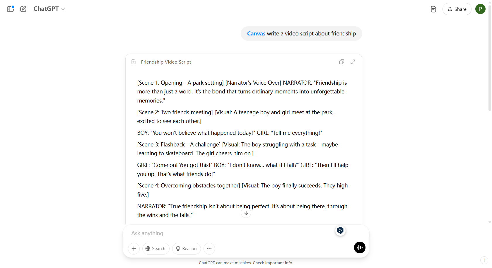 Generate a video script using GPT-4o with Canvas