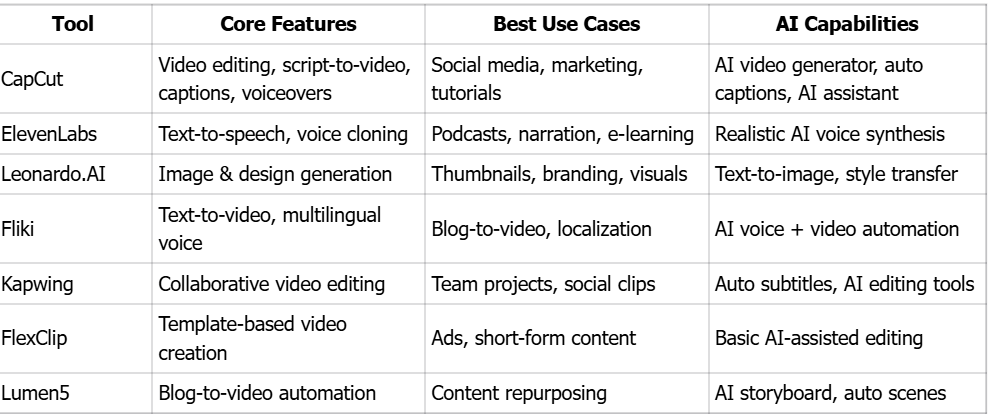 AI Content Generators Comparison Table