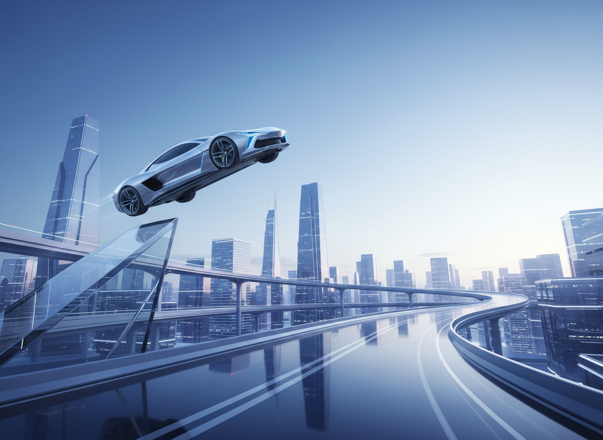 4:3 image: sleek car jump in stylized city scene, balanced composition for brand advertisements.