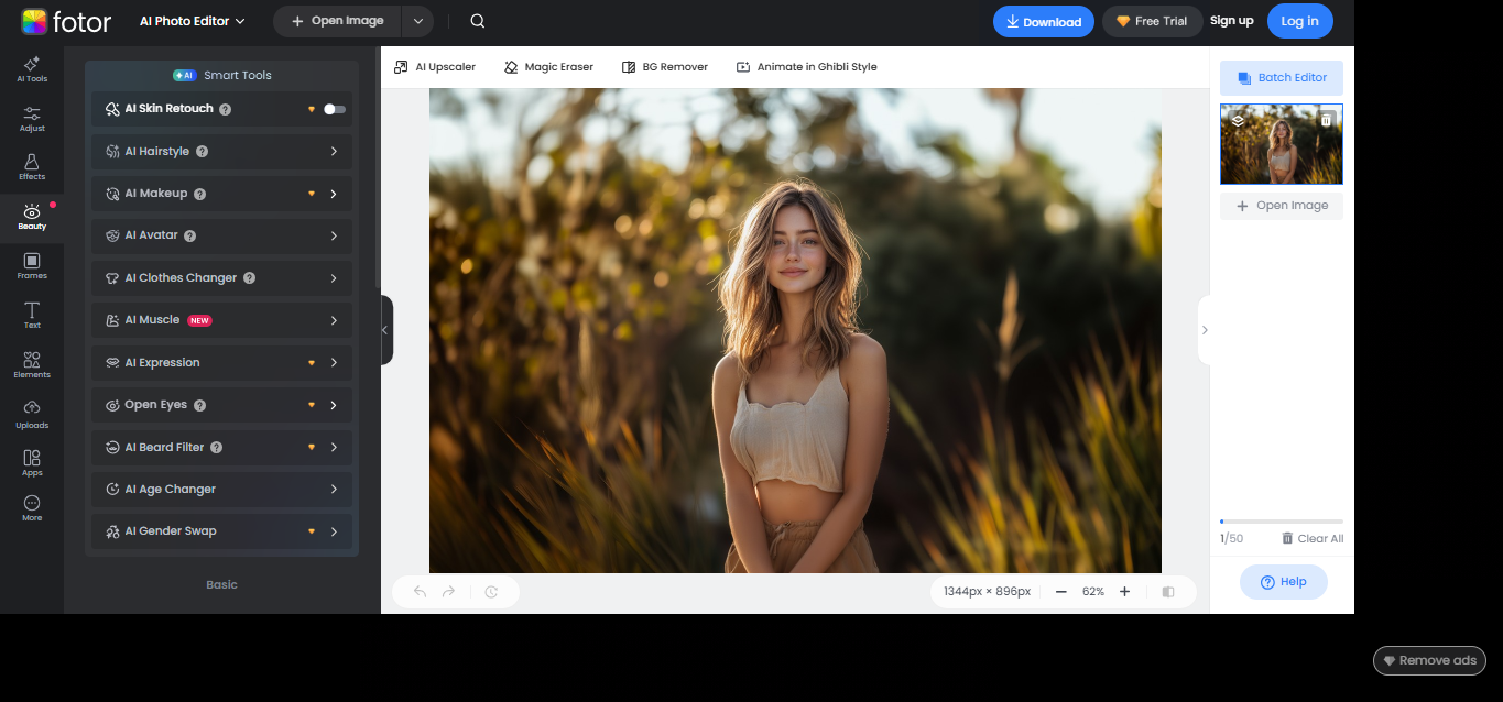 Interface of Fotor - an easy-to-use online face clear and photo editor
