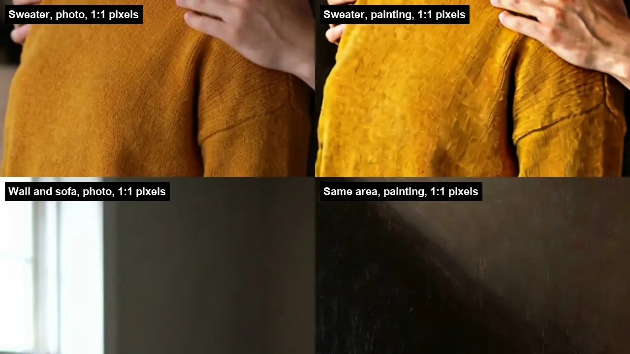 Split-screen comparison of a sweater and wall rendered as photo versus painting