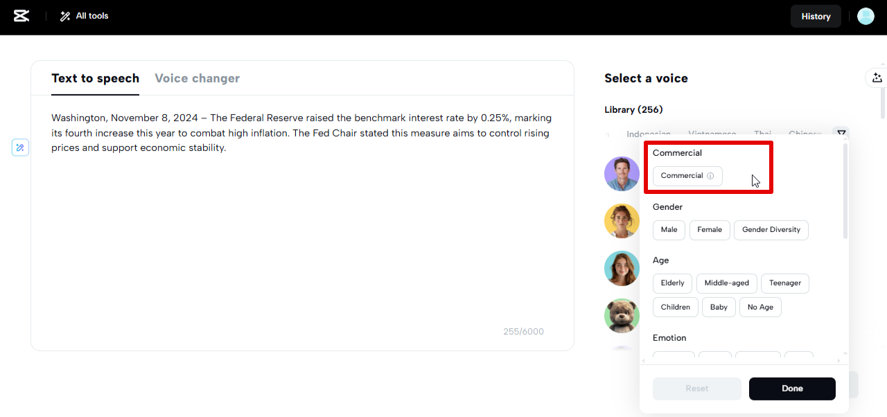 Licença comercial de texto para fala do CapCut Web