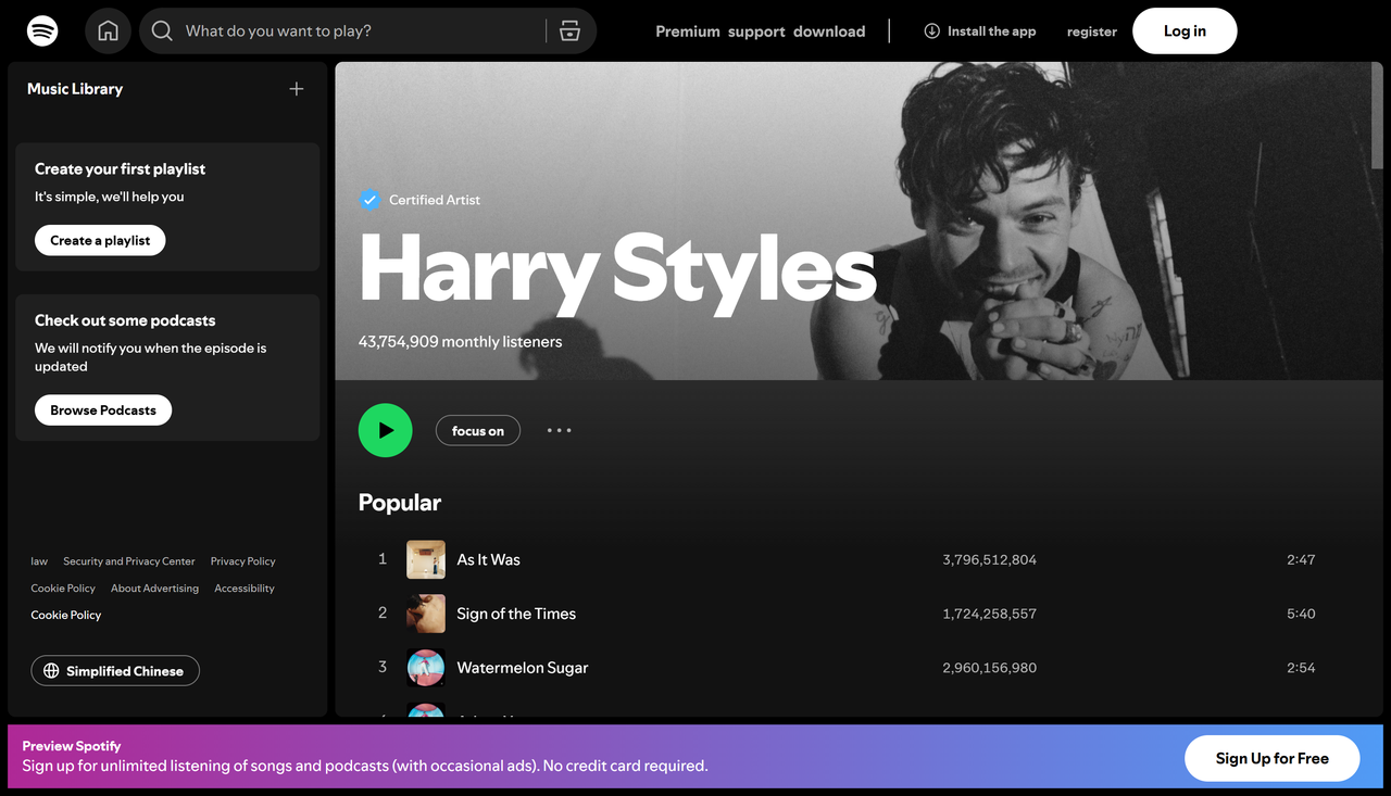الفنانين من الأغنية الأكثر لعبت في كل العصور على سبوتيفي: هاري ستايلز