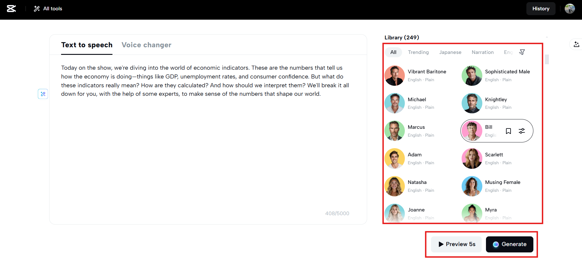Choose voice, preview and generate