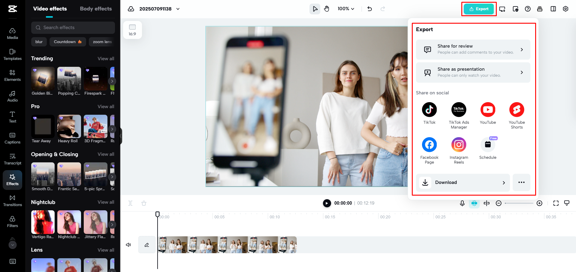 Exporting a video from CapCut Web