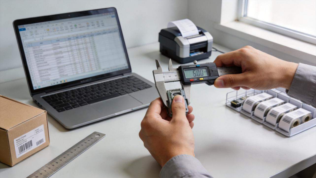 Hands measuring a small product with digital calipers beside a laptop and label printer